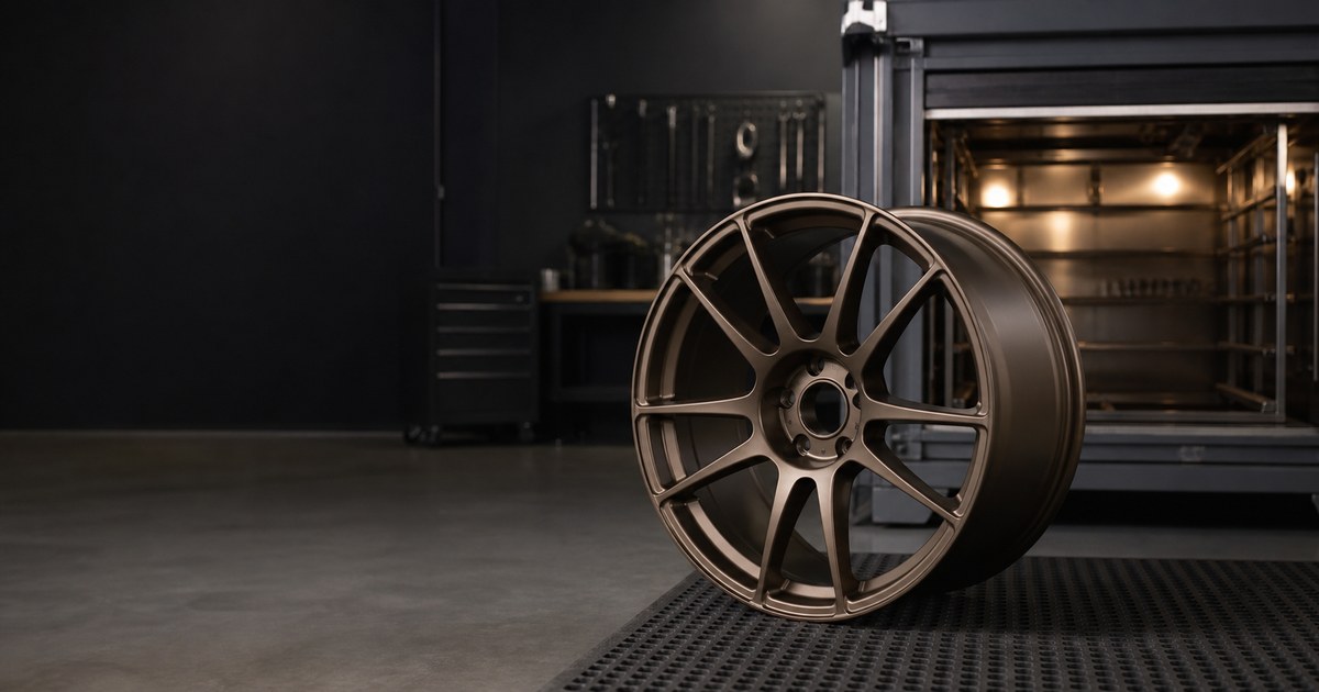 Illustrative close-up of a satin black powder-coated alloy wheel in a professional workshop