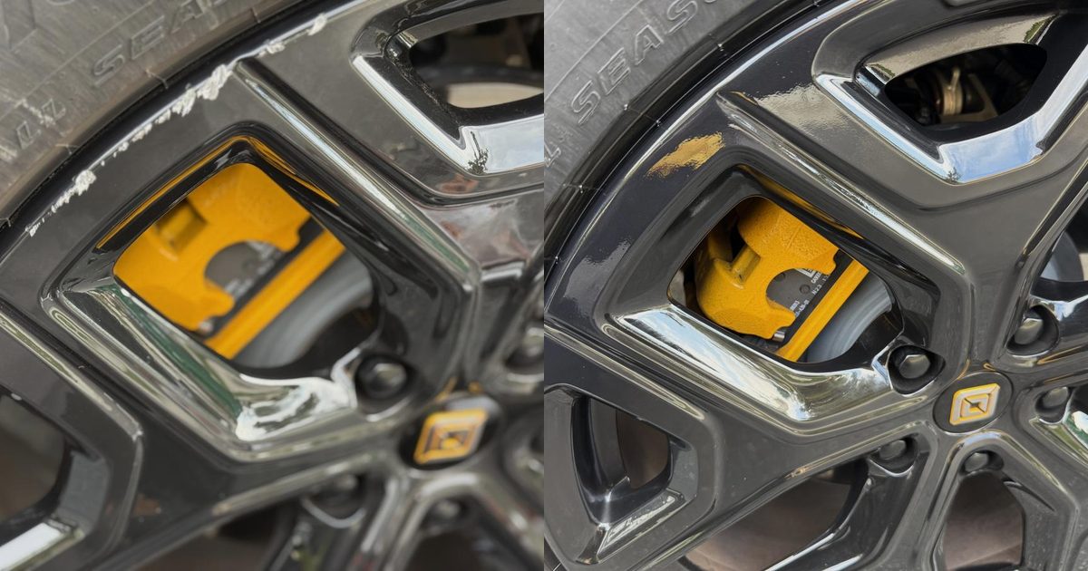 Before and after comparison of a Rivian alloy wheel repaired by Monaco Wheels